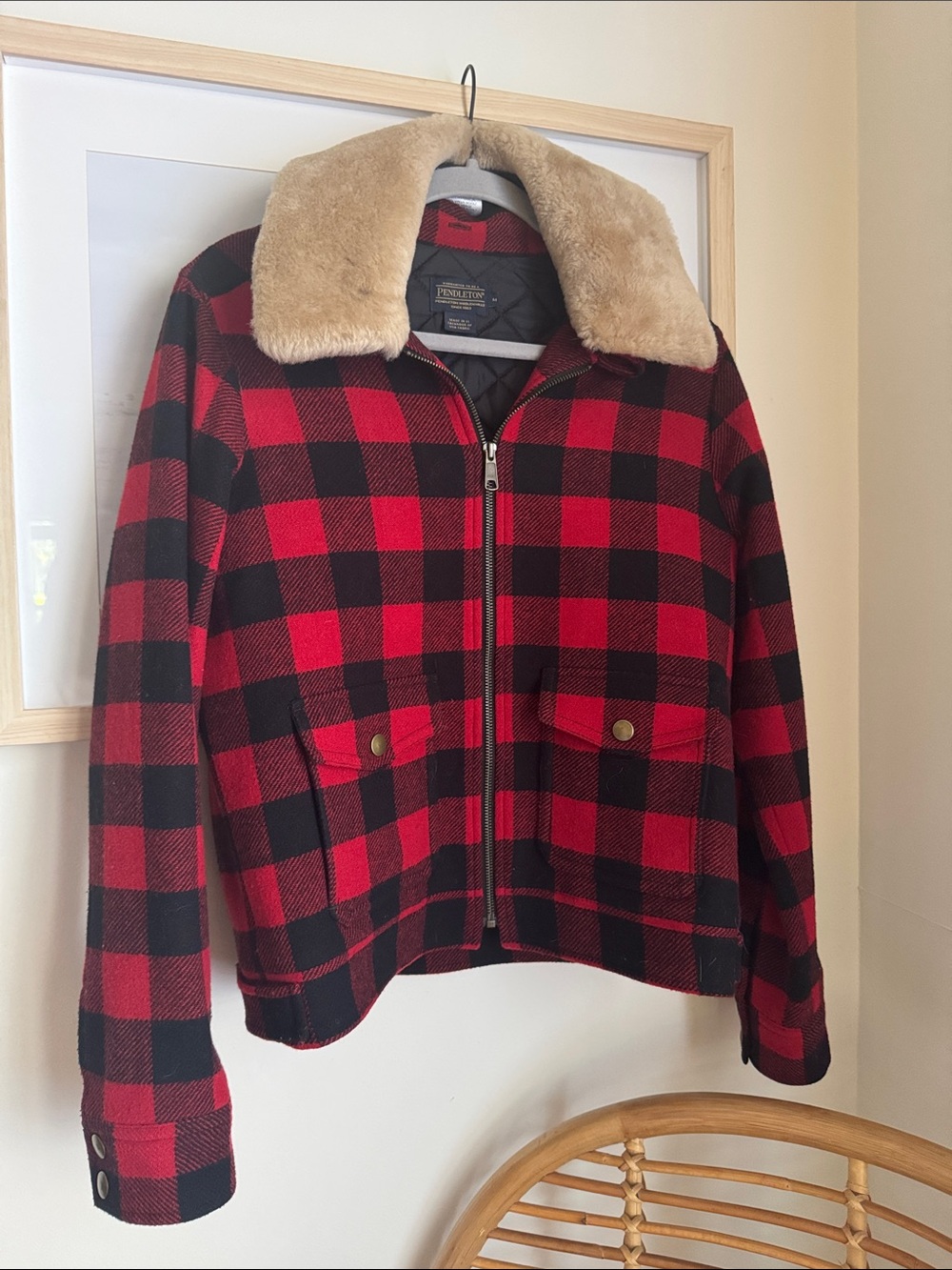 Pendleton Wool Red and Black Buffalo Plaid Bomber Jacket with Faux Fur Collar - Picture 2 of 6